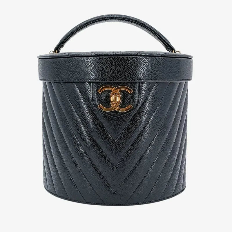 JR289 - CHANEL Vintage Black Caviar Leather Chevron Cosmetic Bag