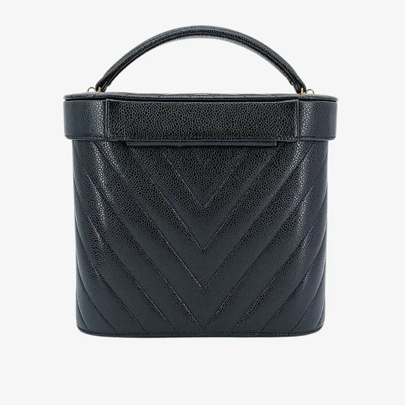 JR289 - CHANEL Vintage Black Caviar Leather Chevron Cosmetic Bag