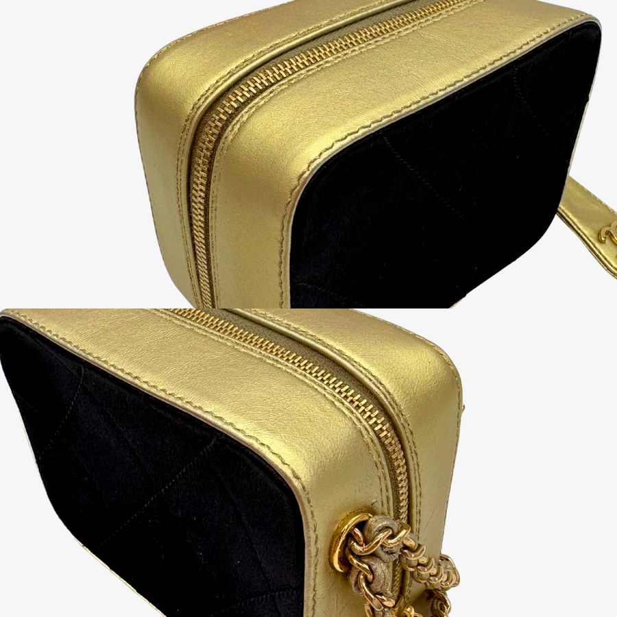 C647 - CHANEL Vintage Black/Gold Satin with Lambskin Camera Bag