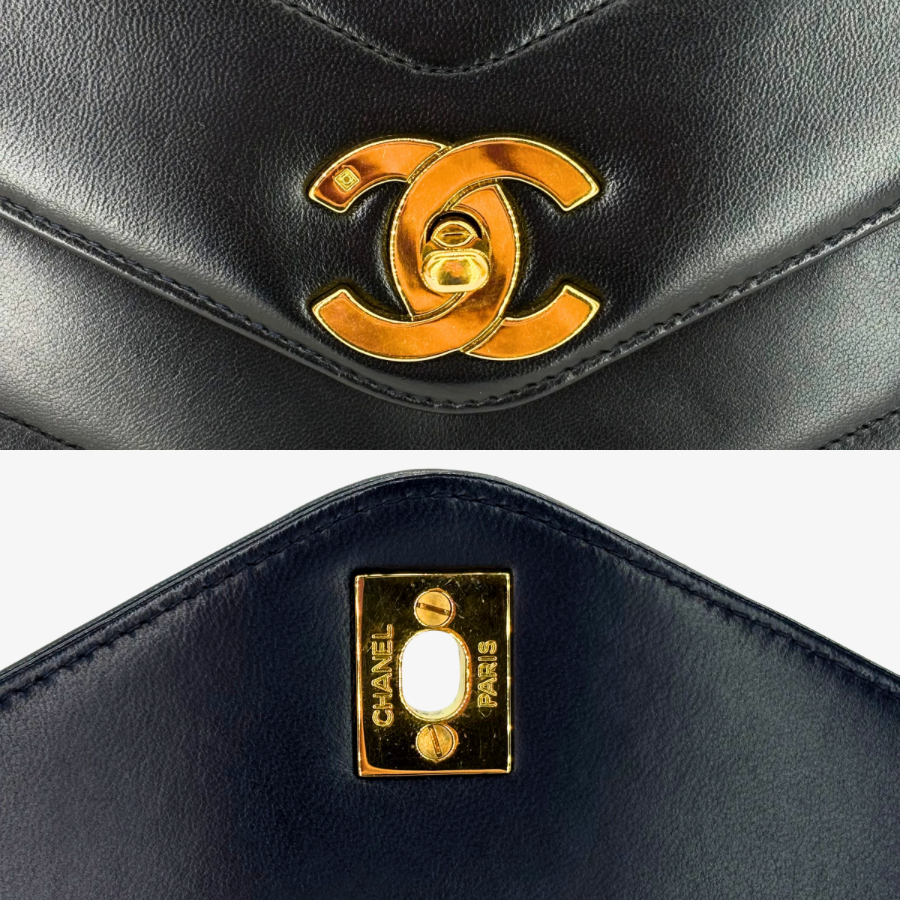 JZ835 - CHANEL Vintage Black Lambskin Chevron Flap Bag