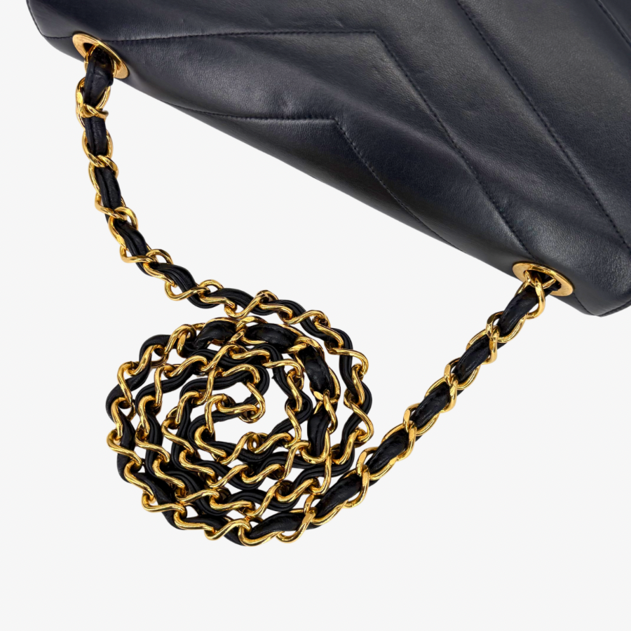 JZ835 - CHANEL Vintage Black Lambskin Chevron Flap Bag