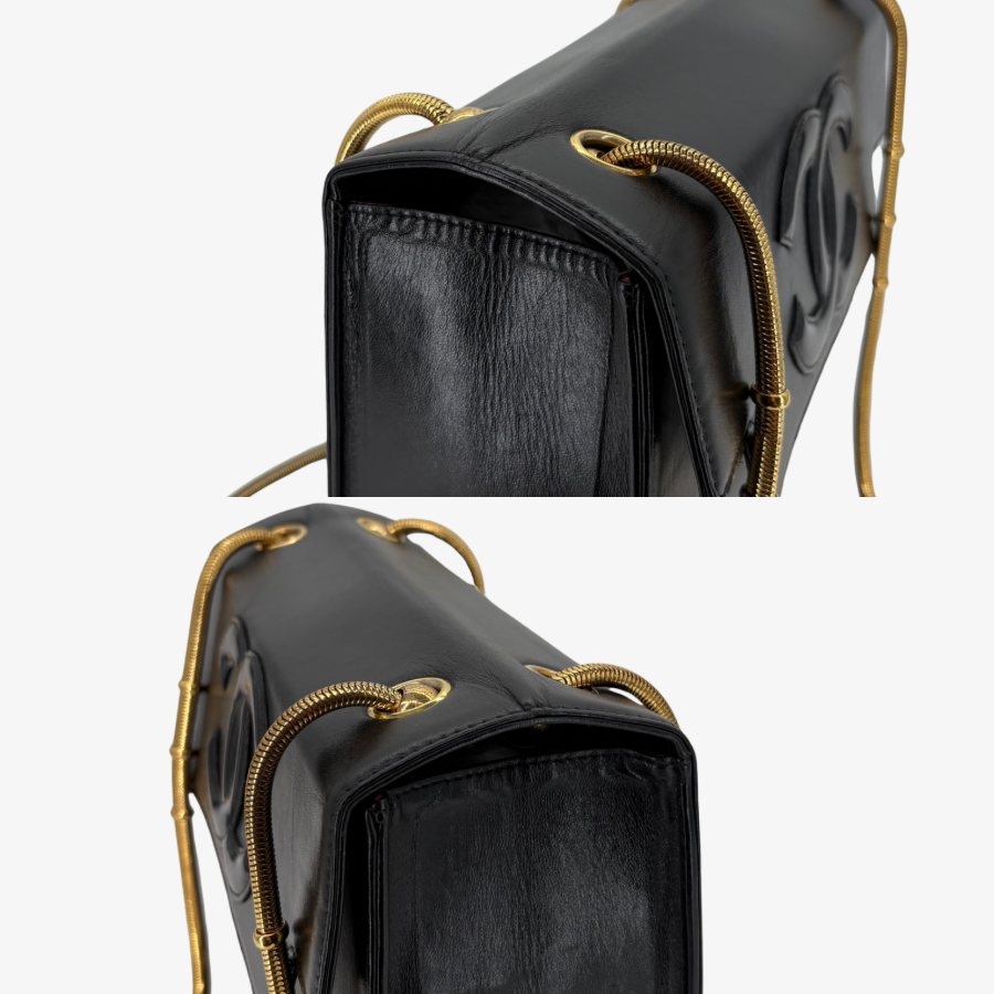 CS005 - CHANEL Vintage Black Lambskin CC Patent Snake Chain Flap Shoulder bag