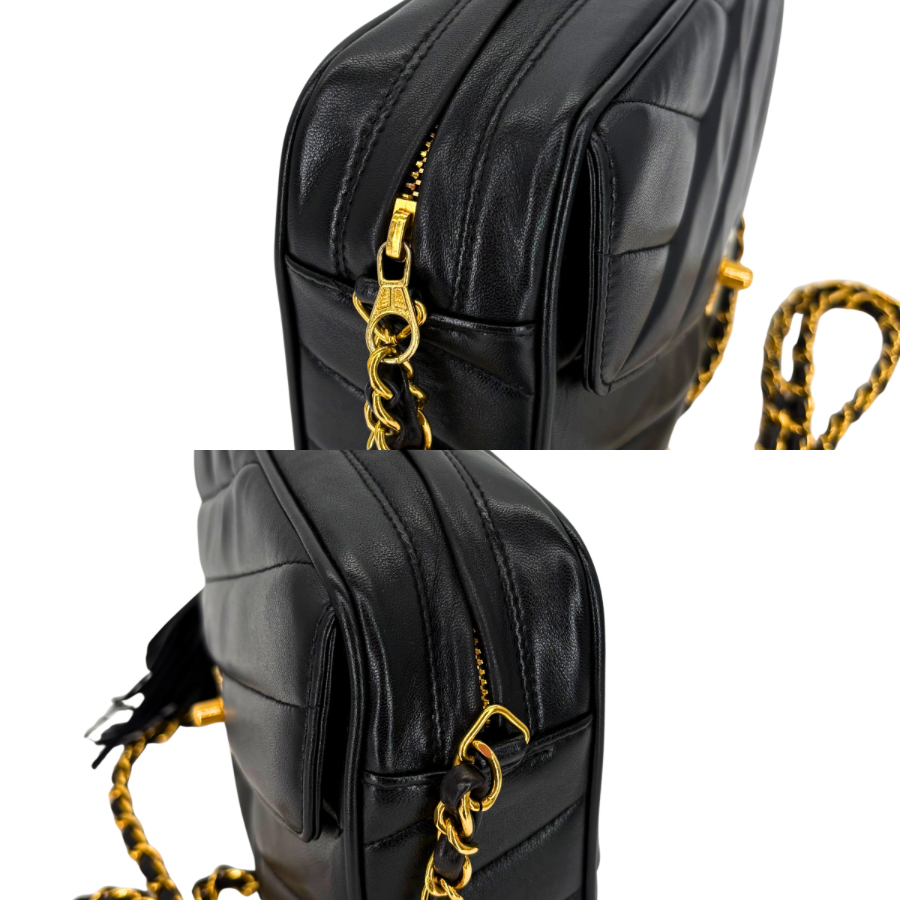 JZ989 - CHANEL Vintage Black Lambskin Cross Stripe Camera Bag