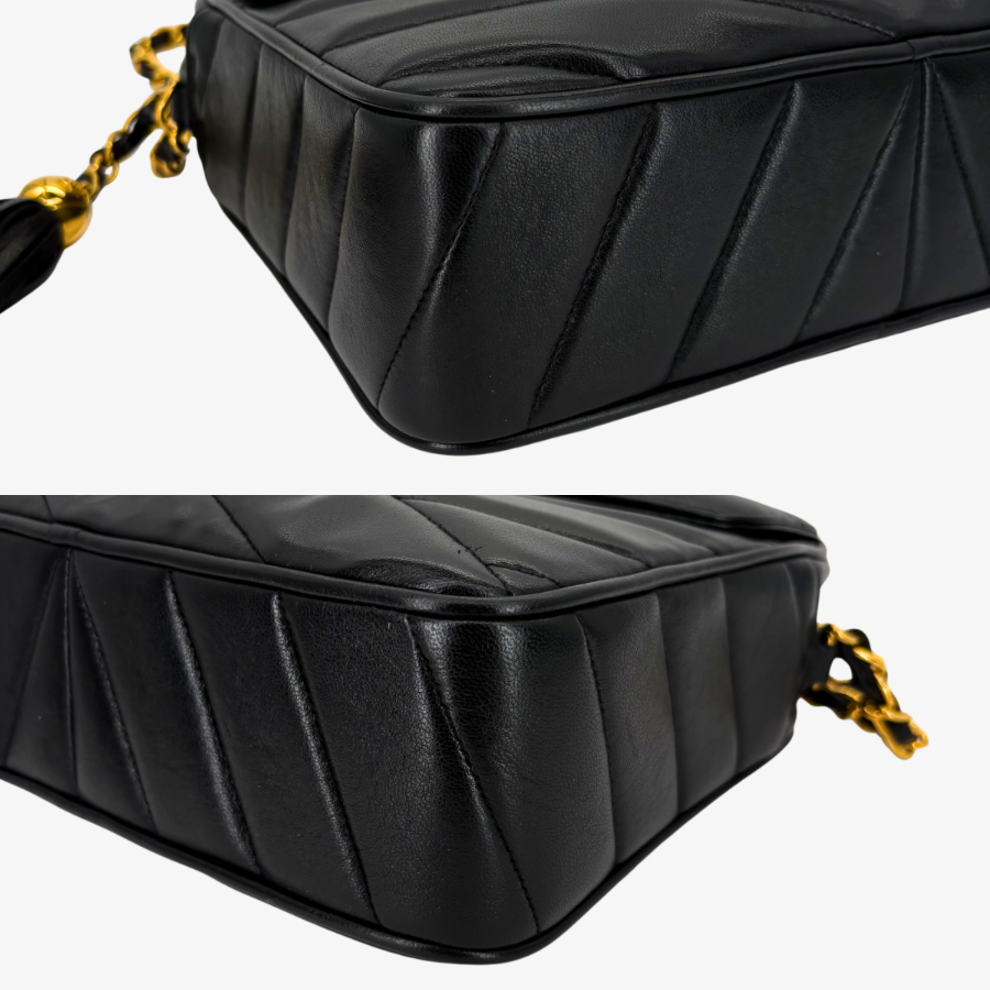 JZ989 - CHANEL Vintage Black Lambskin Cross Stripe Camera Bag