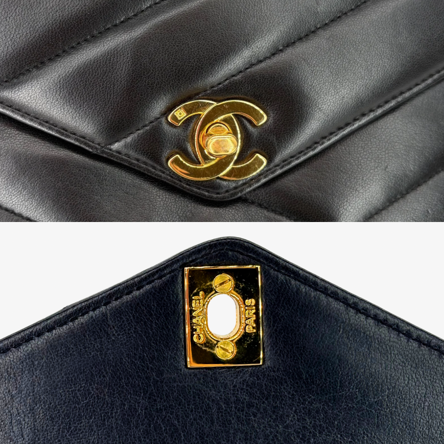 JZ989 - CHANEL Vintage Black Lambskin Cross Stripe Camera Bag