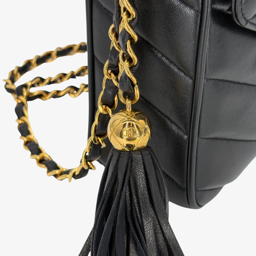 JZ989 - CHANEL Vintage Black Lambskin Cross Stripe Camera Bag