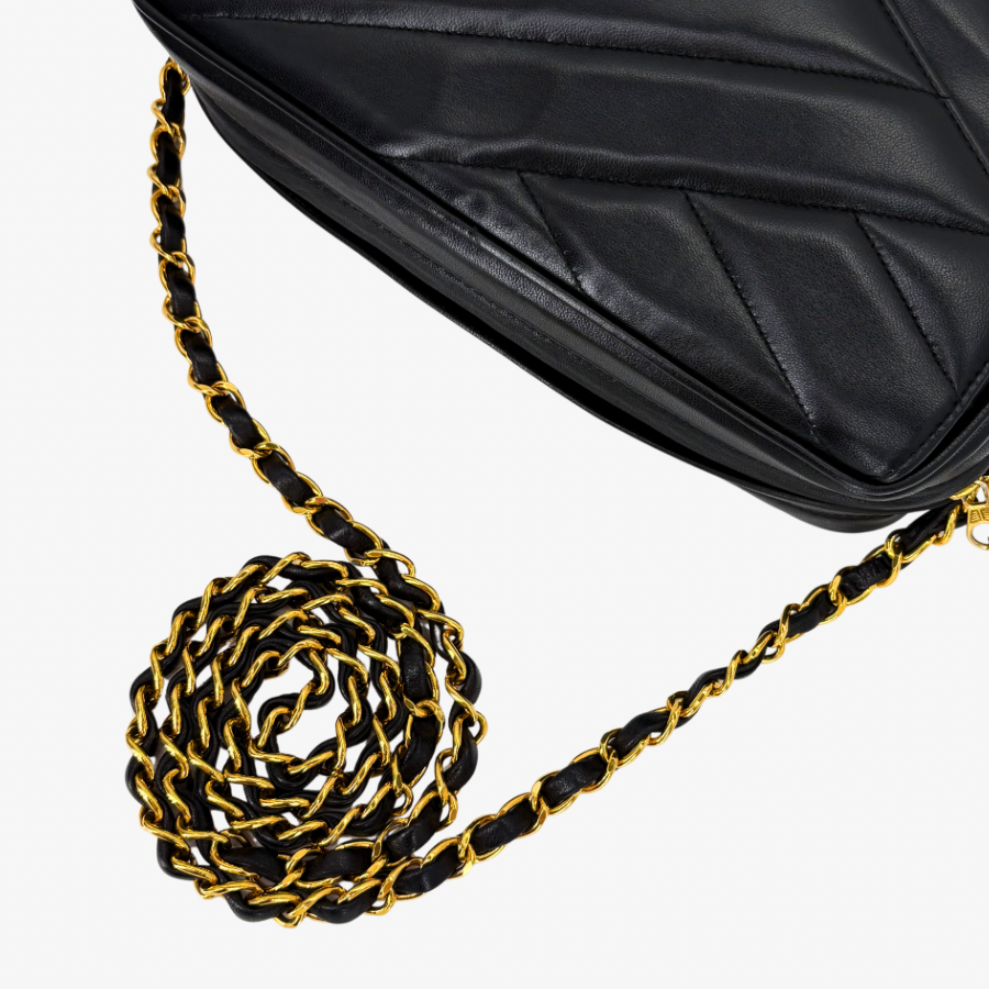 JZ989 - CHANEL Vintage Black Lambskin Cross Stripe Camera Bag