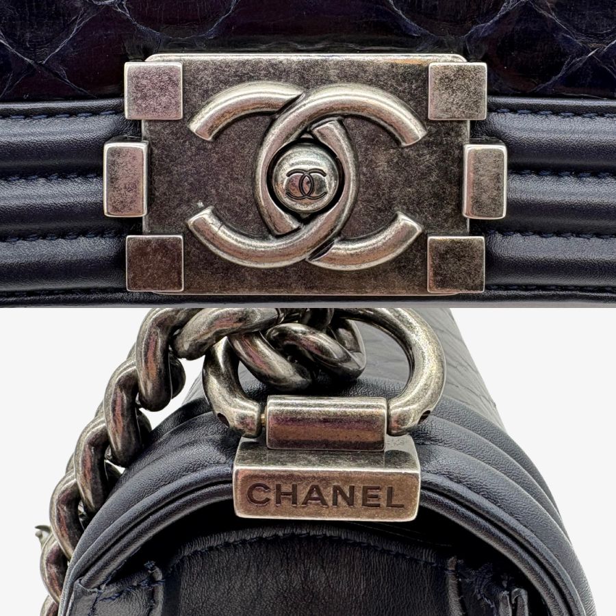 CS038 - CHAENL Boy Navy Snake Skin &amp; Calf skin 25cm Flap Bag
