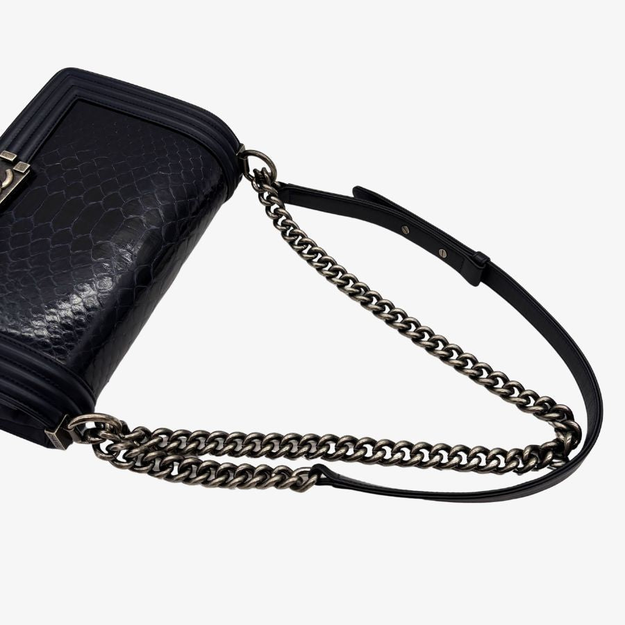 CS038 - CHAENL Boy Navy Snake Skin &amp; Calf skin 25cm Flap Bag