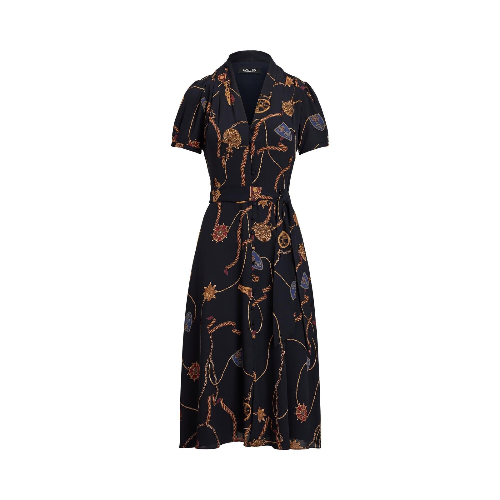 Print Belted Georgette Puff-Sleeve Dress