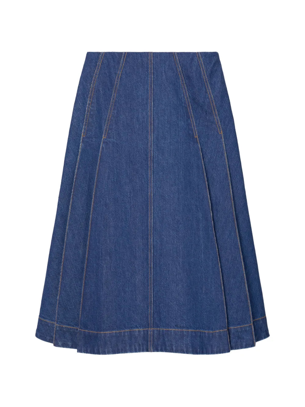 pleated denim midi skirt