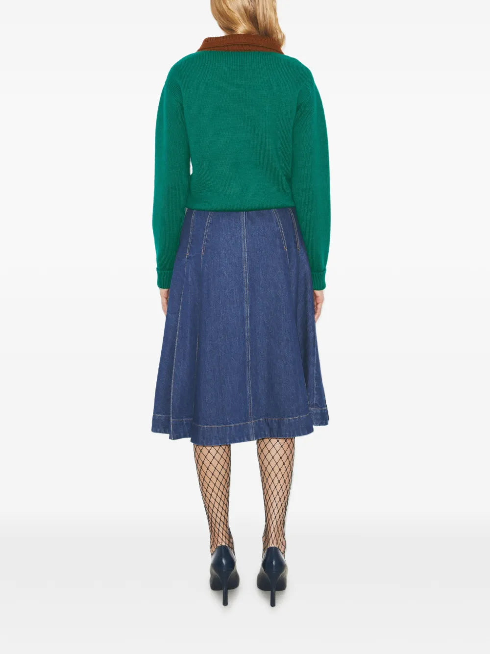 pleated denim midi skirt