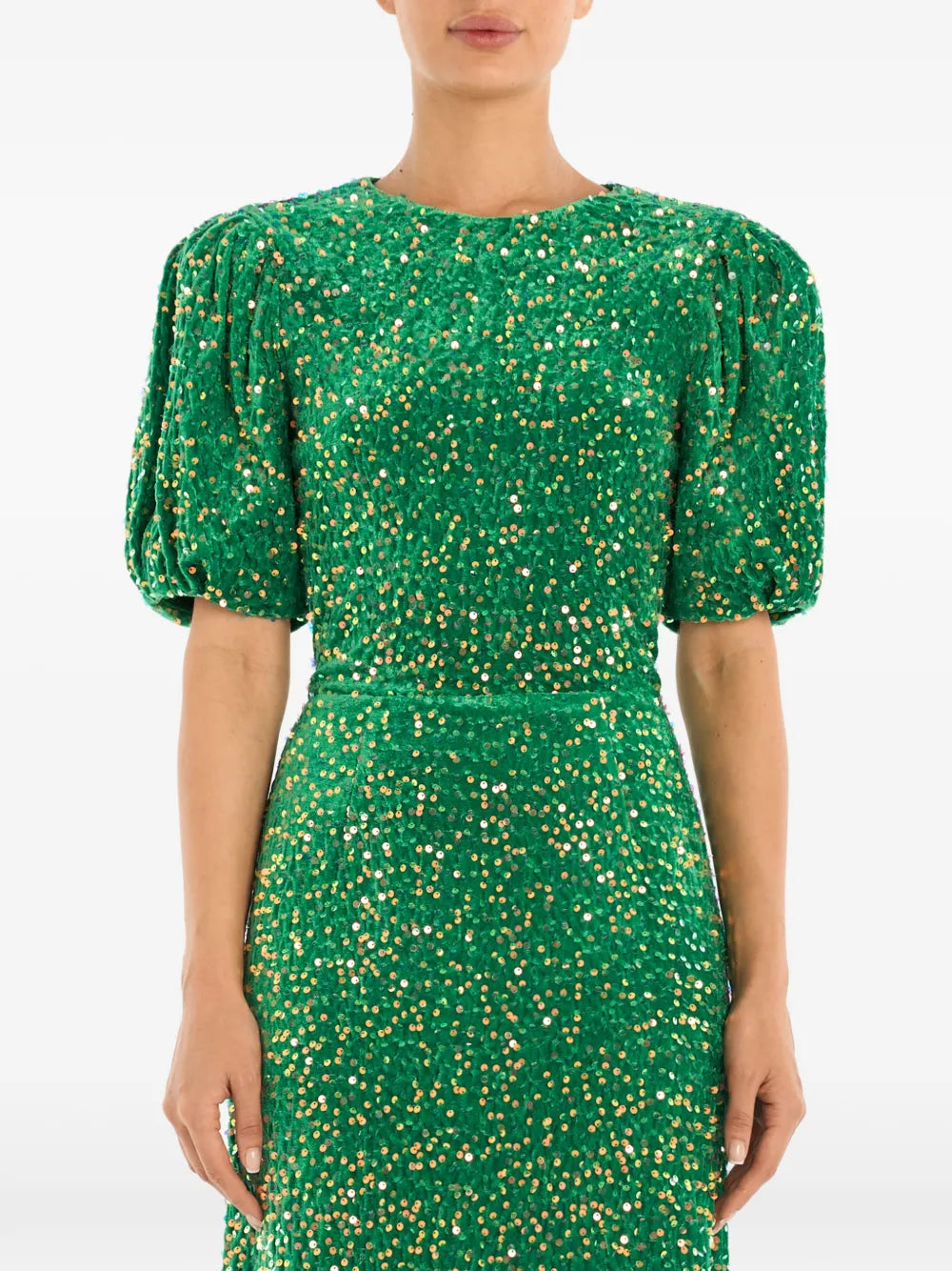sequin-embellished puff-sleeve midi dress