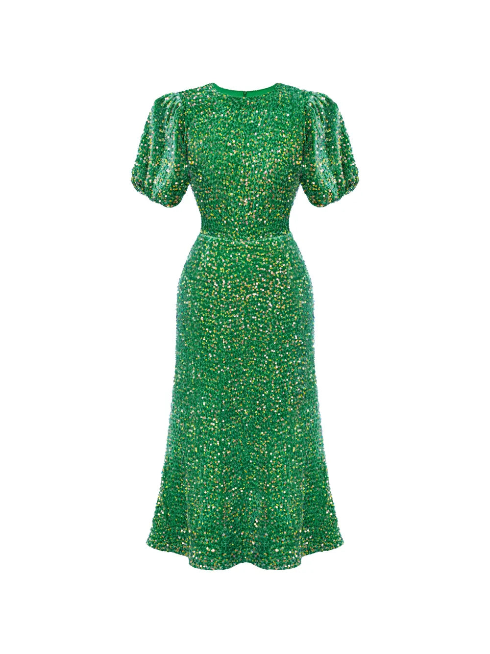 sequin-embellished puff-sleeve midi dress