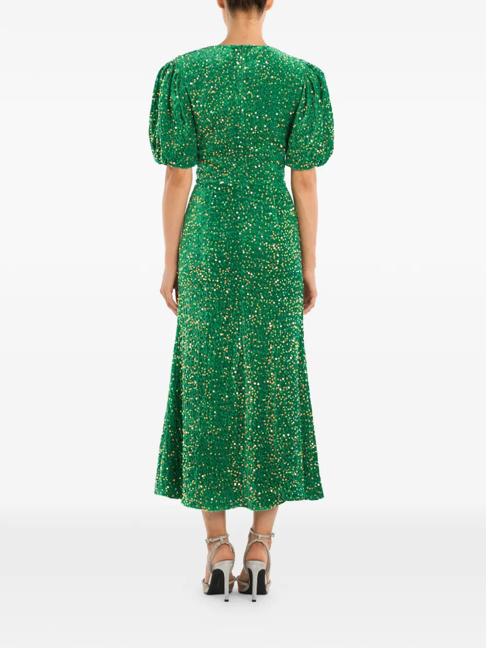 sequin-embellished puff-sleeve midi dress