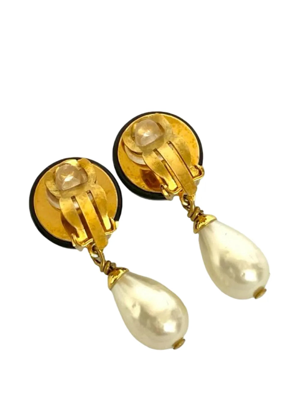 1996 CC Gold Plated Resin and Faux Pearl Drop Clip On Earrings costume earrings