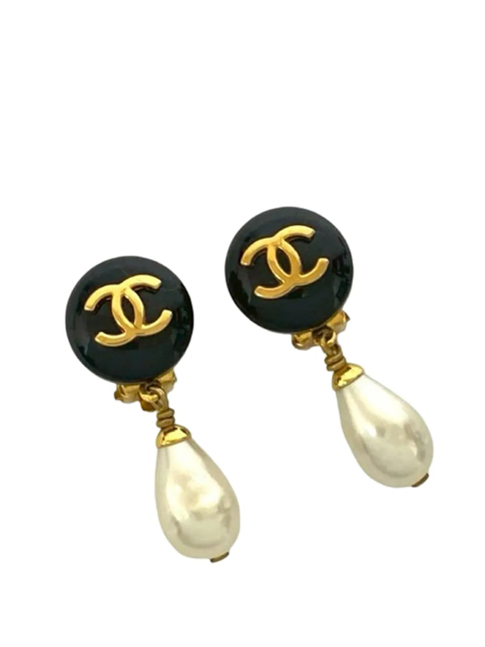 1996 CC Gold Plated Resin and Faux Pearl Drop Clip On Earrings costume earrings