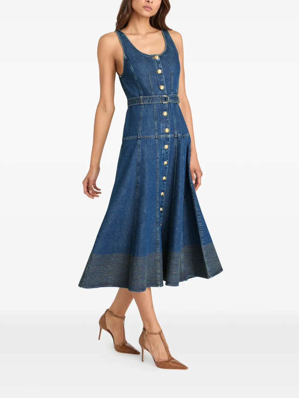 Kehlani button belted jean midi dress
