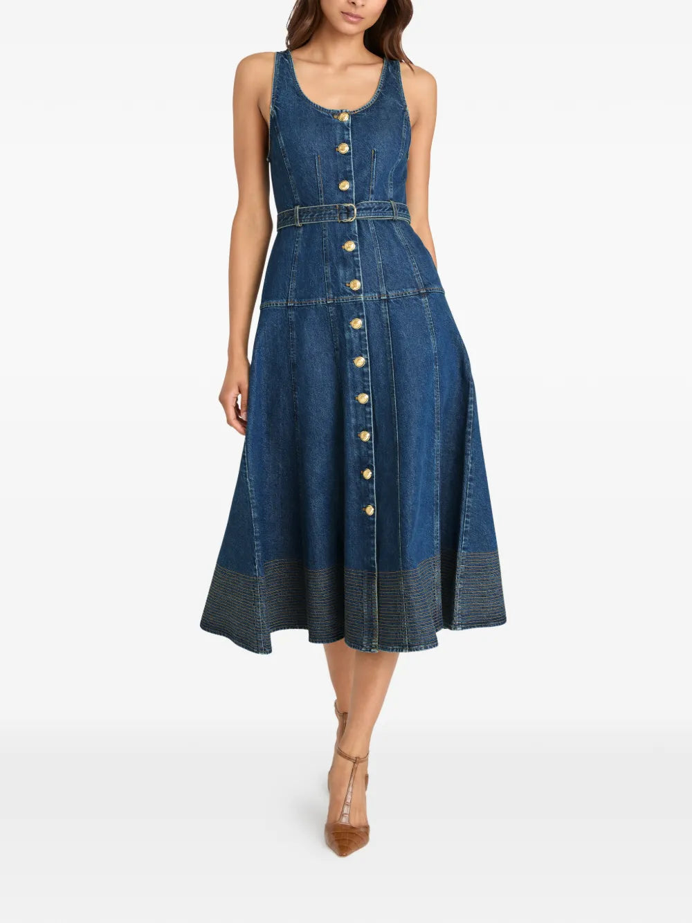 Kehlani button belted jean midi dress