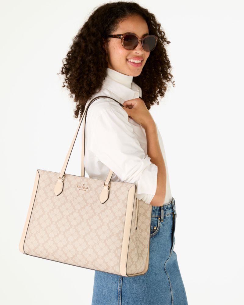 Kate Spade Signature Spade Flower East West Large Laptop Tote Dark Beige Multi