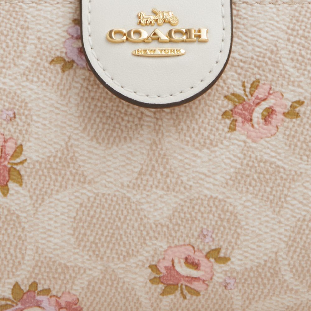 Coach Medium Corner Zip Wallet In Signature Canvas With Floral Print Gold-Sand Multi