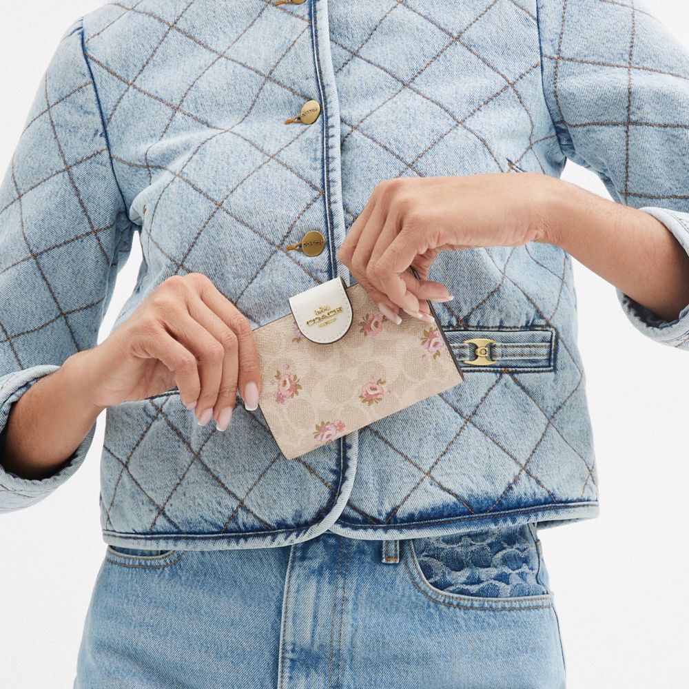 Coach Medium Corner Zip Wallet In Signature Canvas With Floral Print Gold-Sand Multi