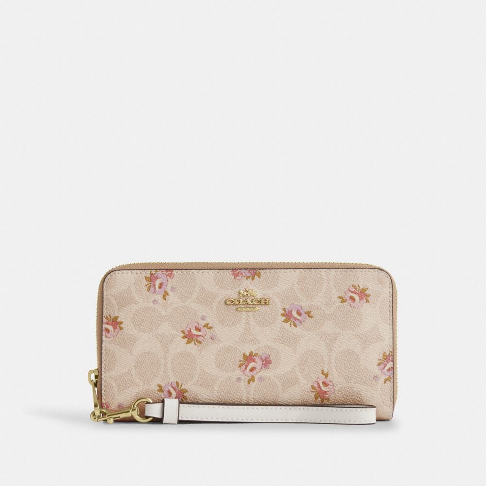 Coach Long Zip Around Wallet In Signature Canvas With Floral Print Gold-Sand Multi