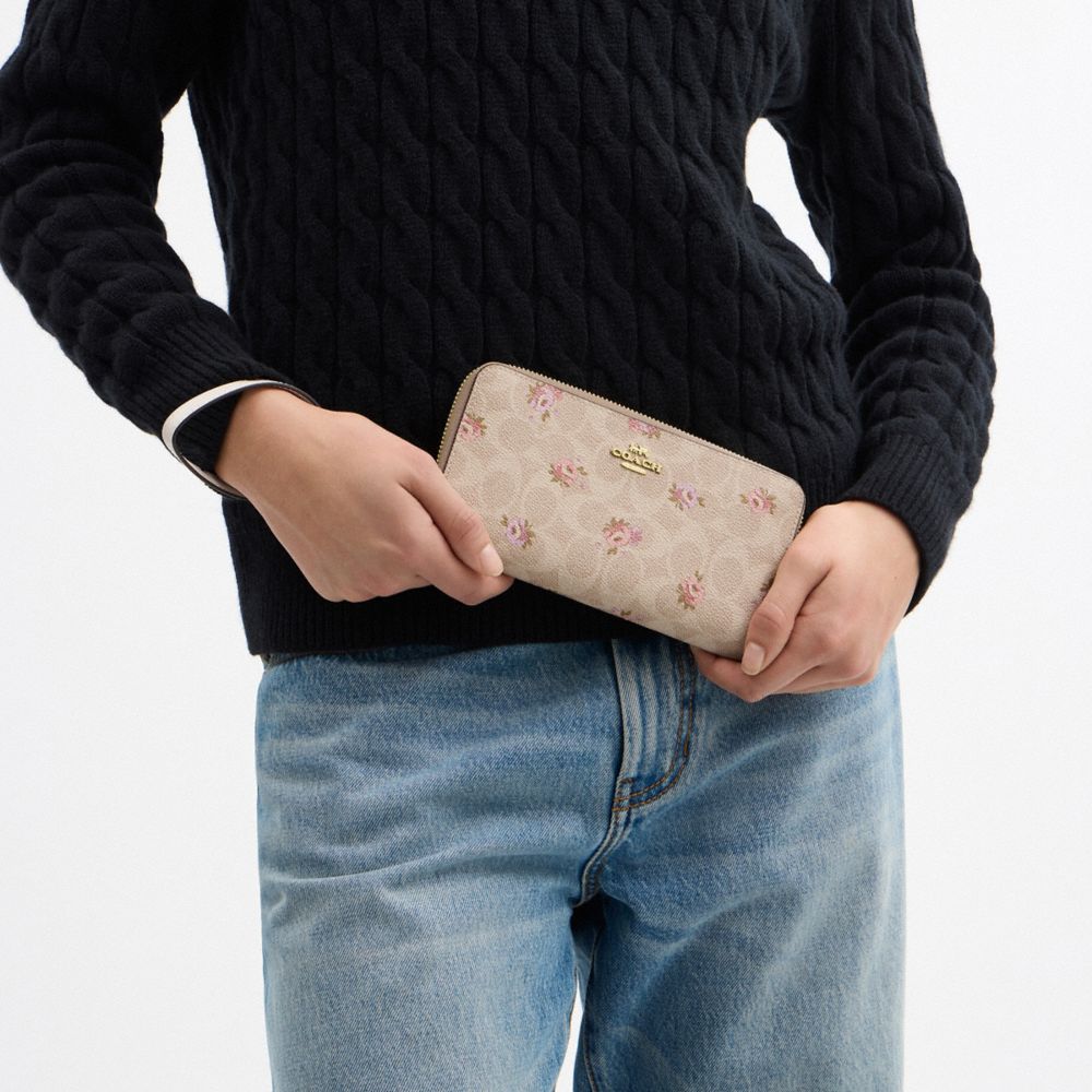 Coach Long Zip Around Wallet In Signature Canvas With Floral Print Gold-Sand Multi