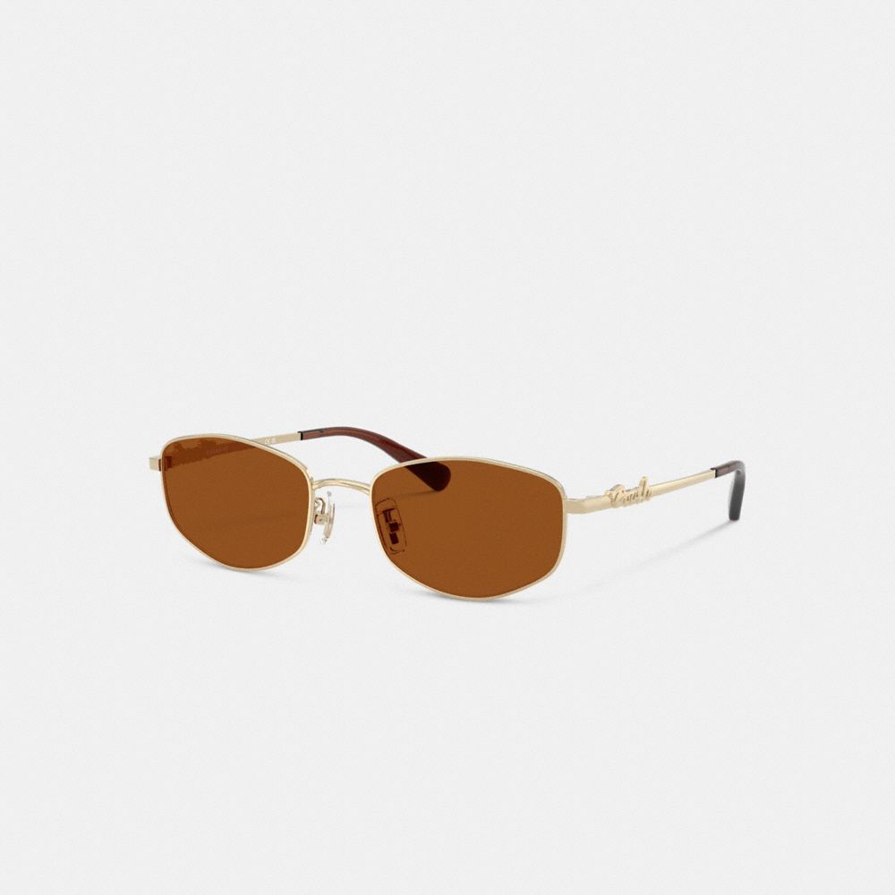 Coach Coach Script Metal Narrow Rectangle Sunglasses Brown Gold