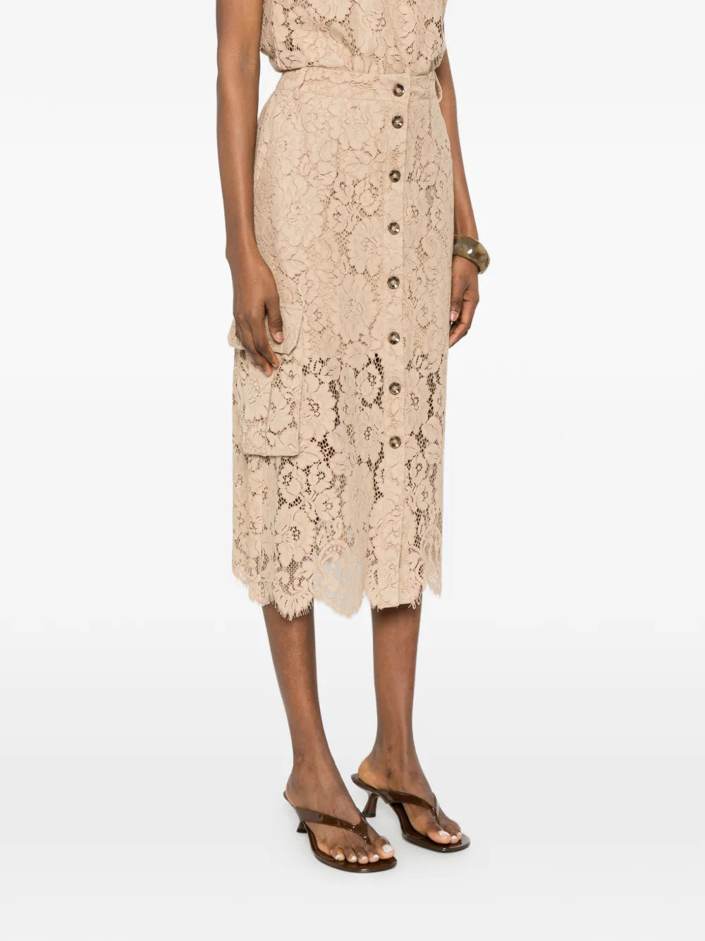 lace-detail pocket midi skirt