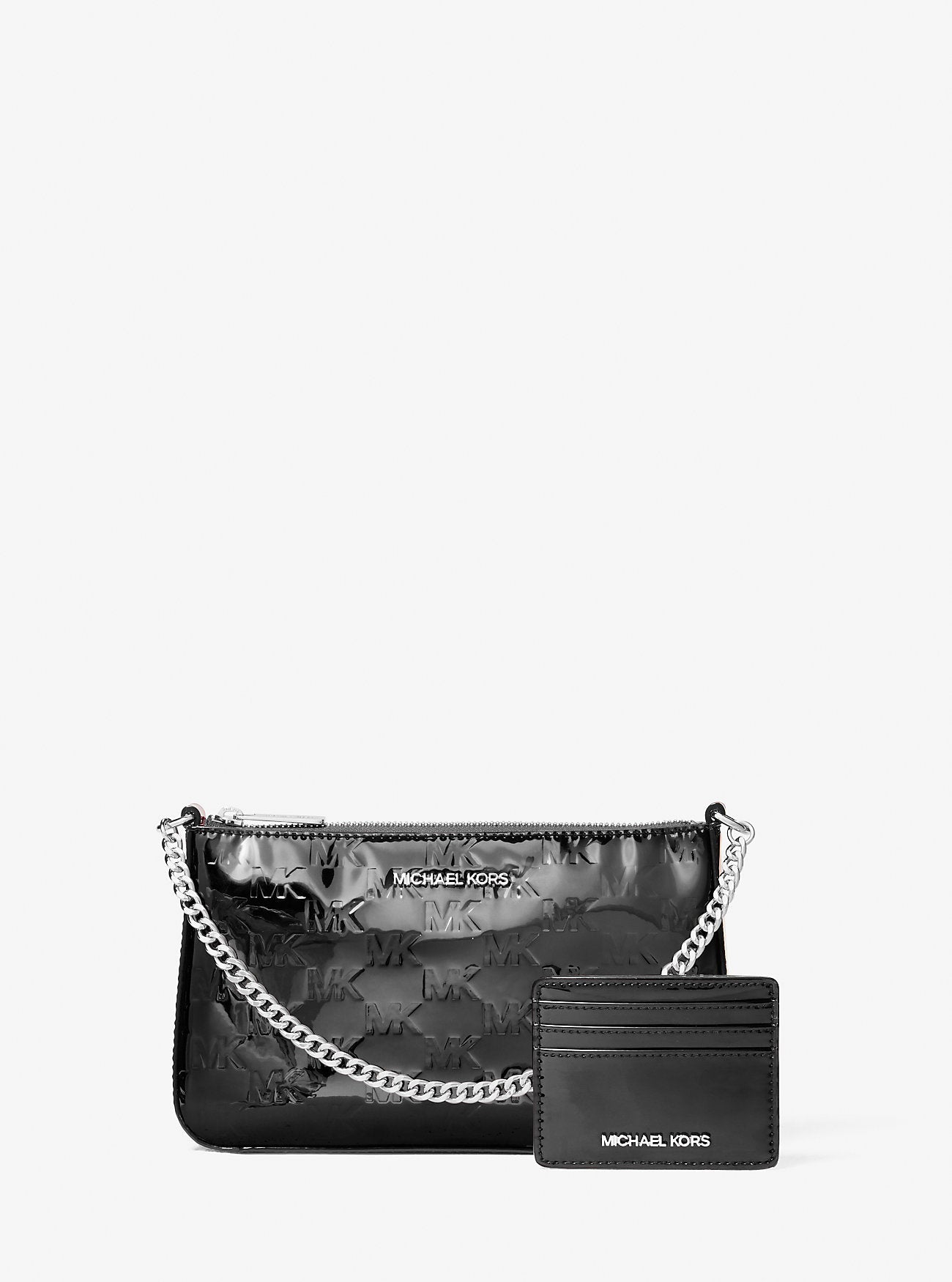 Michael Kors Jet Set Patent Logo Debossed Pochette and Card Case Gift Set Black