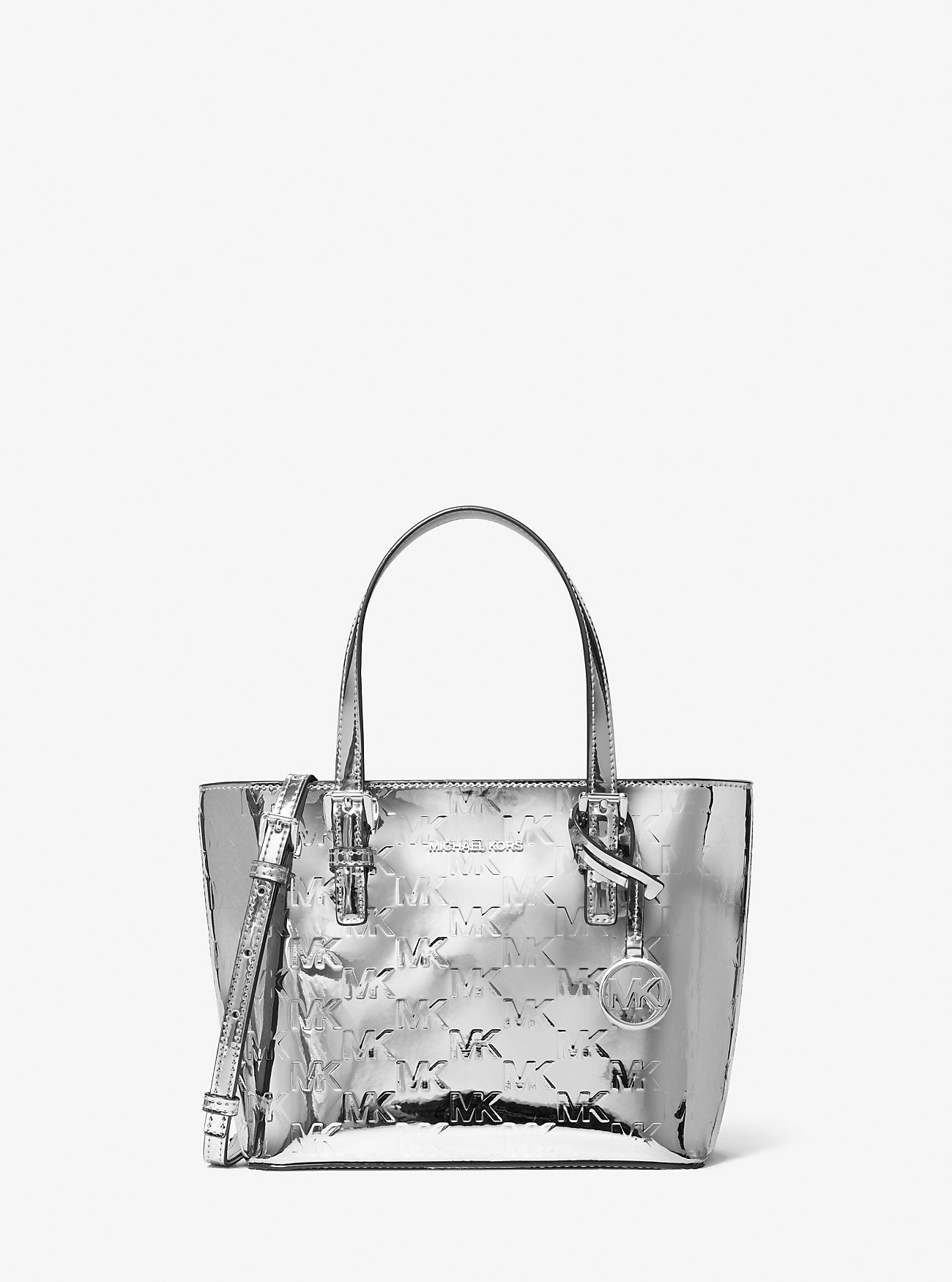 Michael Kors Jet Set Extra-Small Patent Logo Debossed Convertible Tote Bag Silver