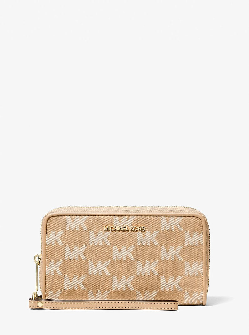 Michael Kors Jet Set Travel Large Logo Jacquard Denim Smartphone Wallet Camel