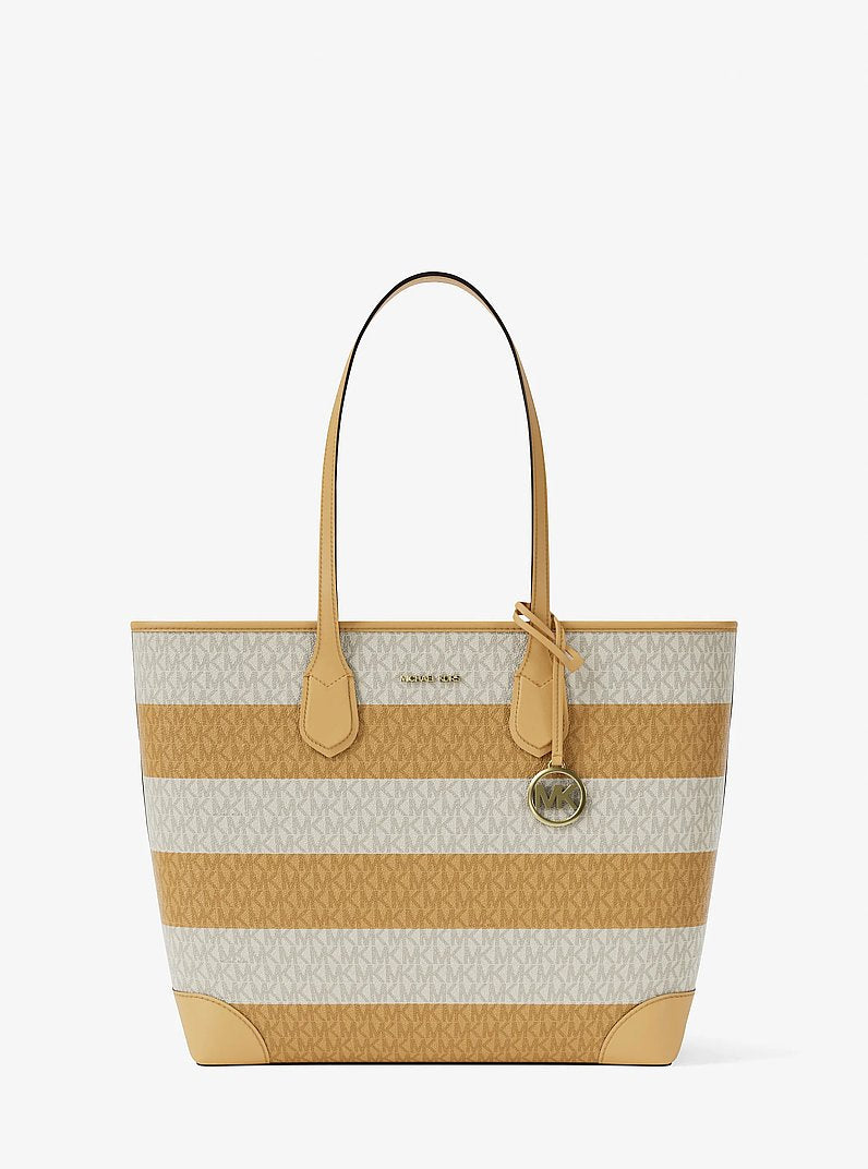 Michael Kors Eva Large Striped Signature Logo Tote Bag Honeywheat