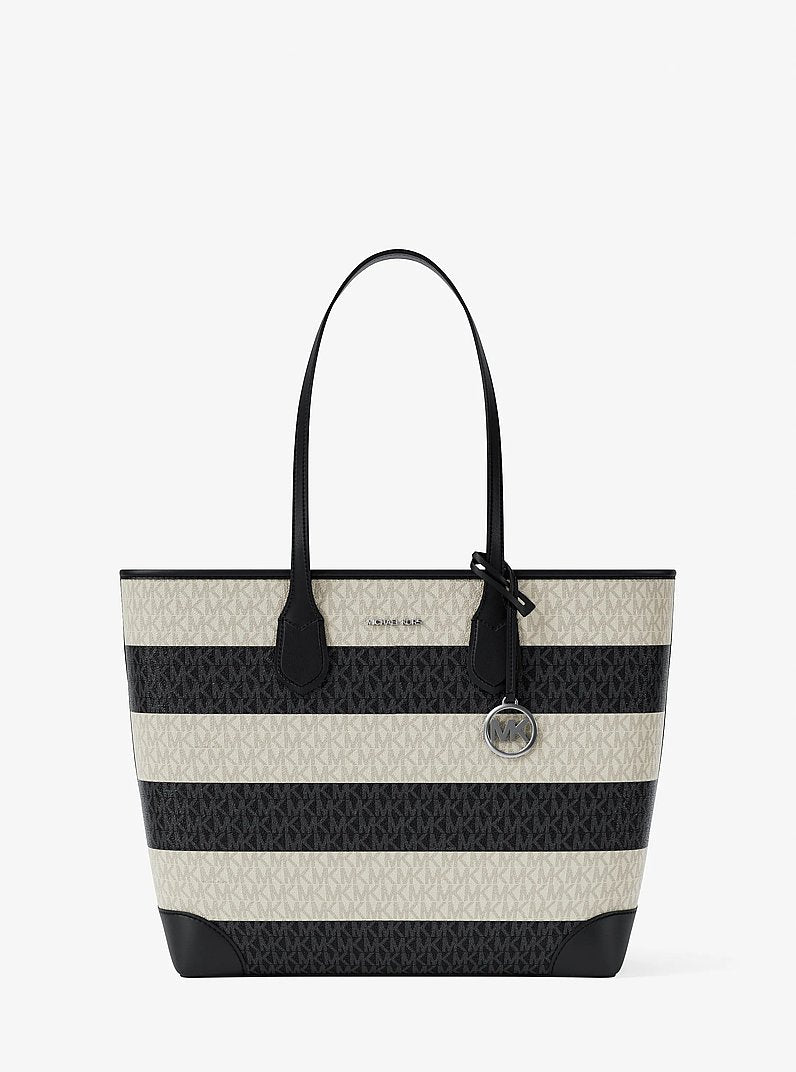Michael Kors Eva Large Striped Signature Logo Tote Bag Black