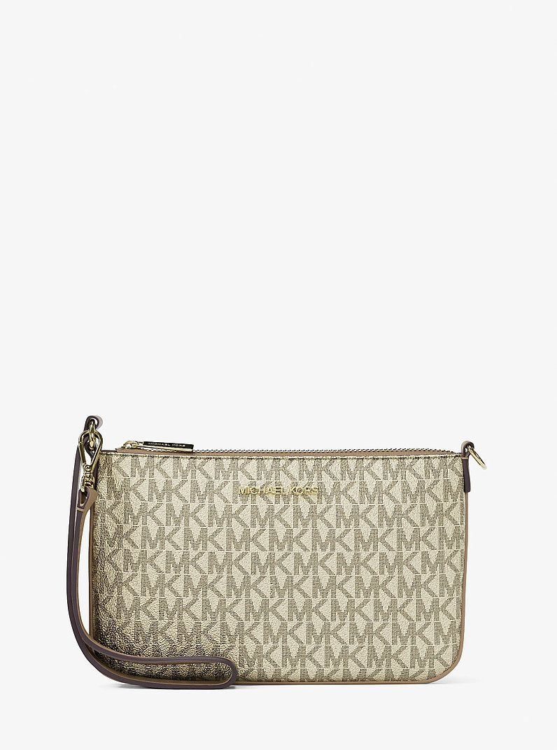 Michael Kors Jet Set Small Metallic Signature Logo Wristlet Pale Gold