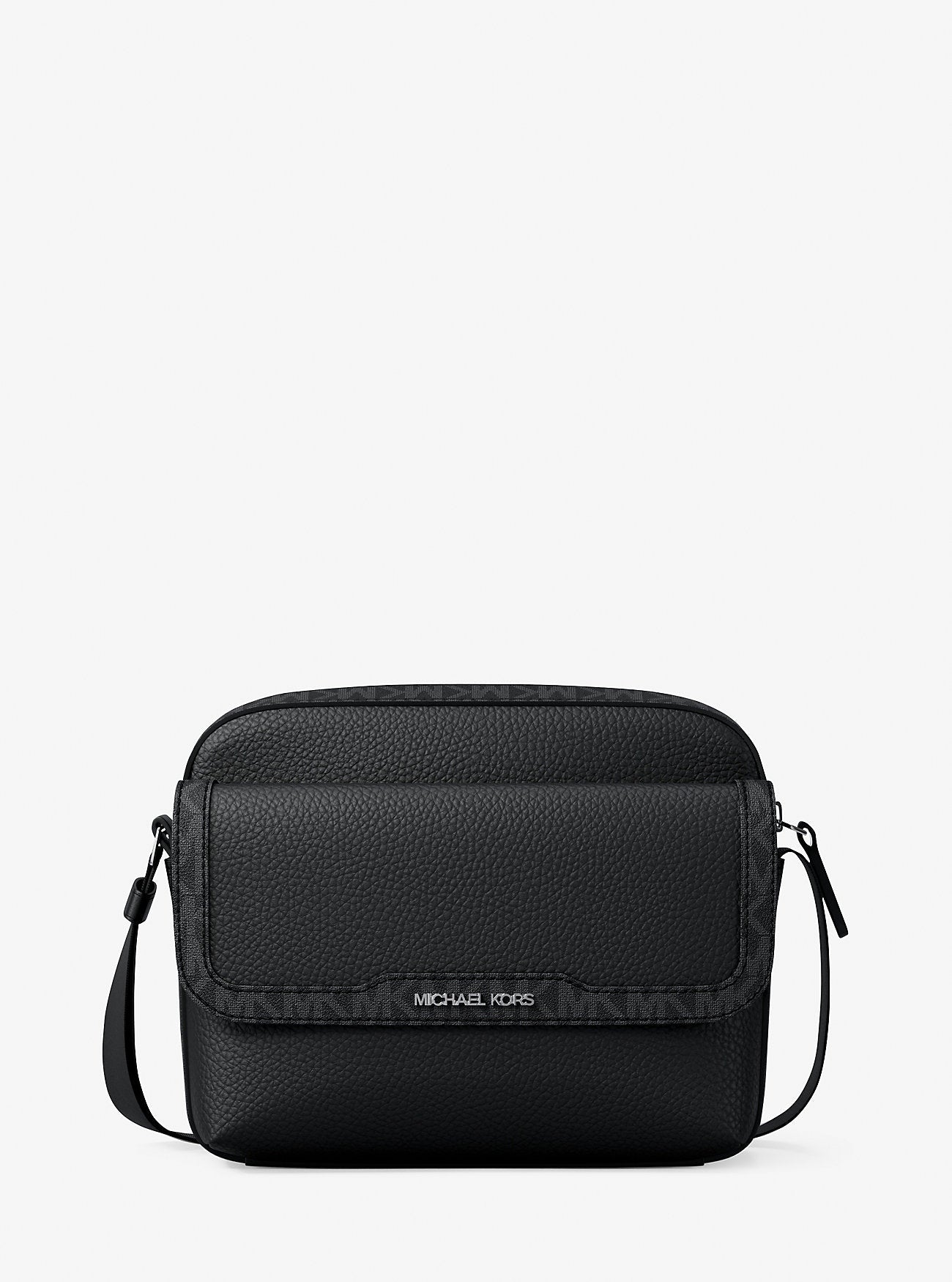 Michael Kors Cooper Medium Pebbled Leather and Signature Logo Camera Crossbody Bag Black