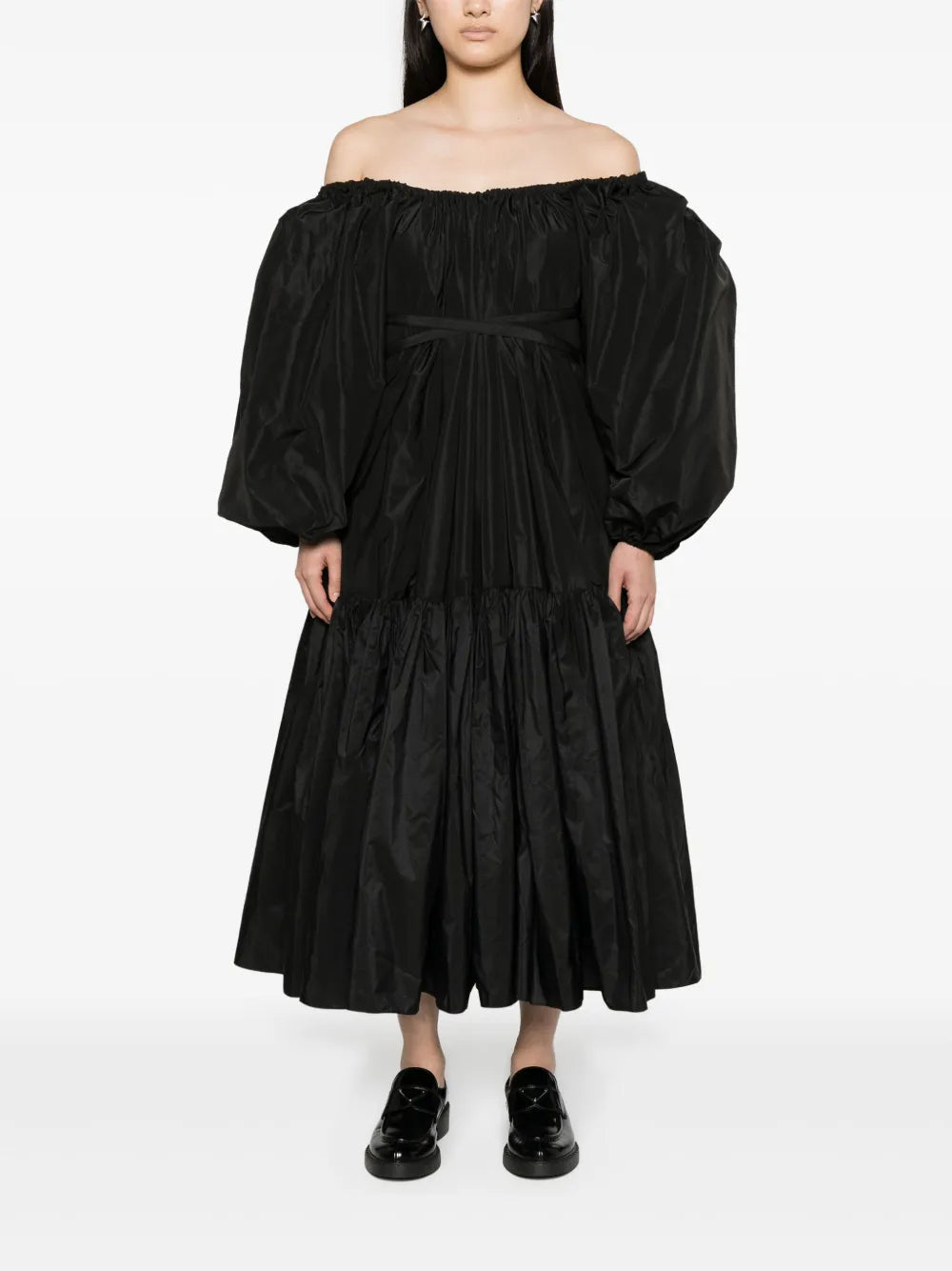 off-shoulder ruched midi dress