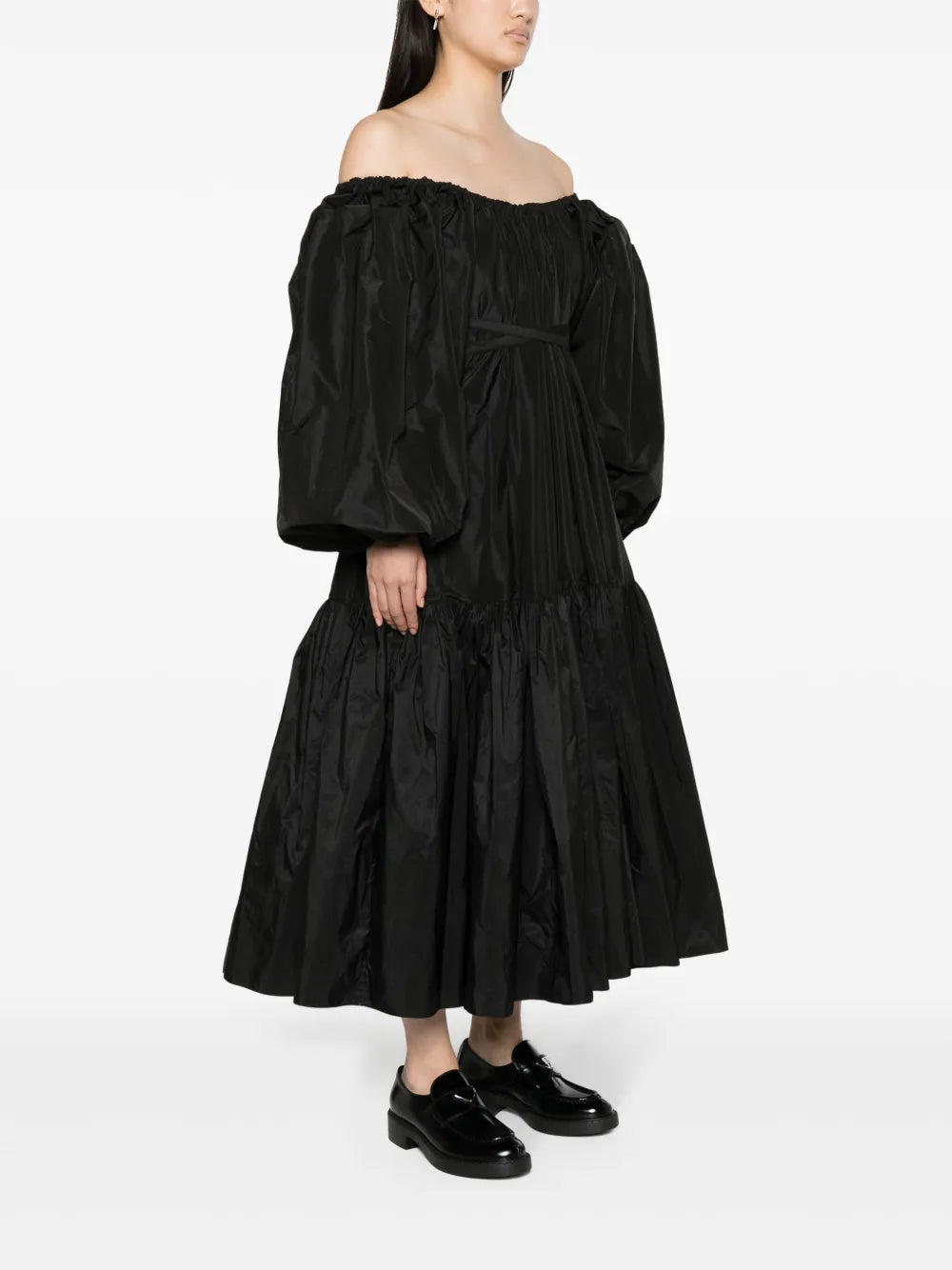 off-shoulder ruched midi dress