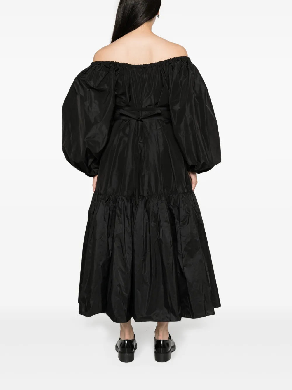 off-shoulder ruched midi dress