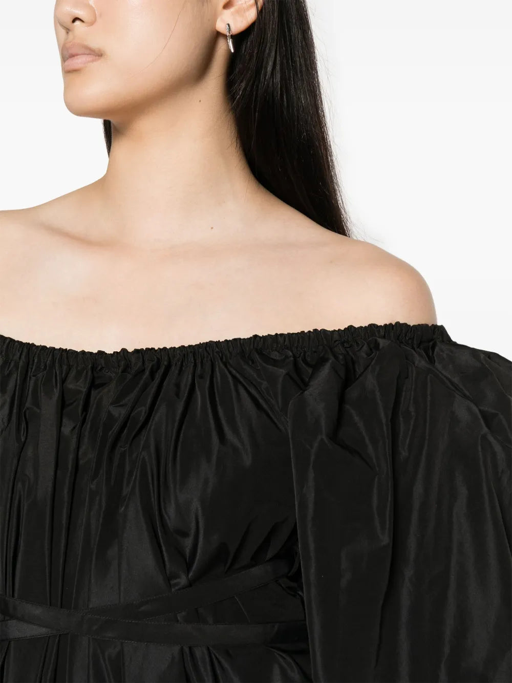 off-shoulder ruched midi dress