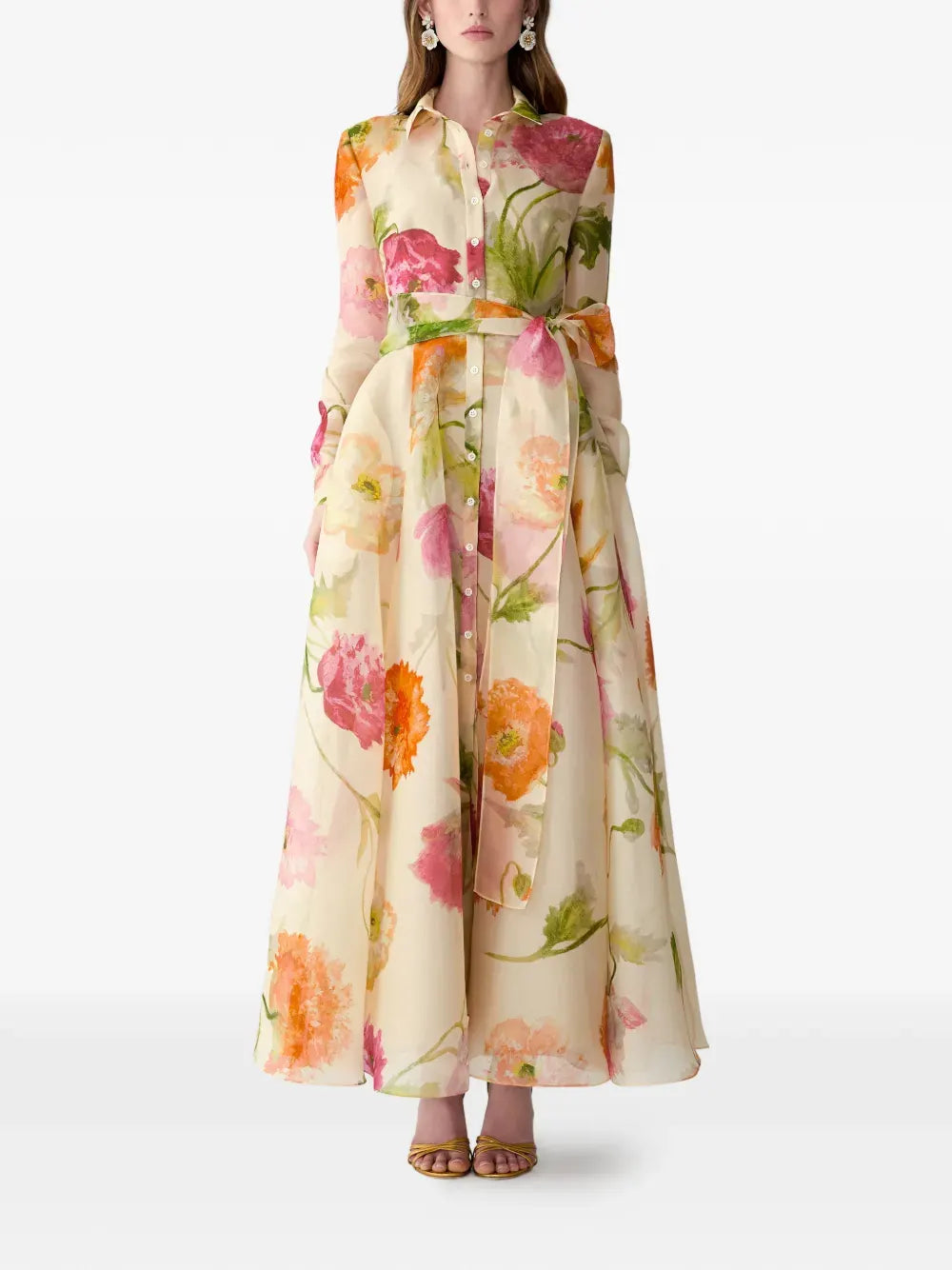 Poppy-print organza trench dress