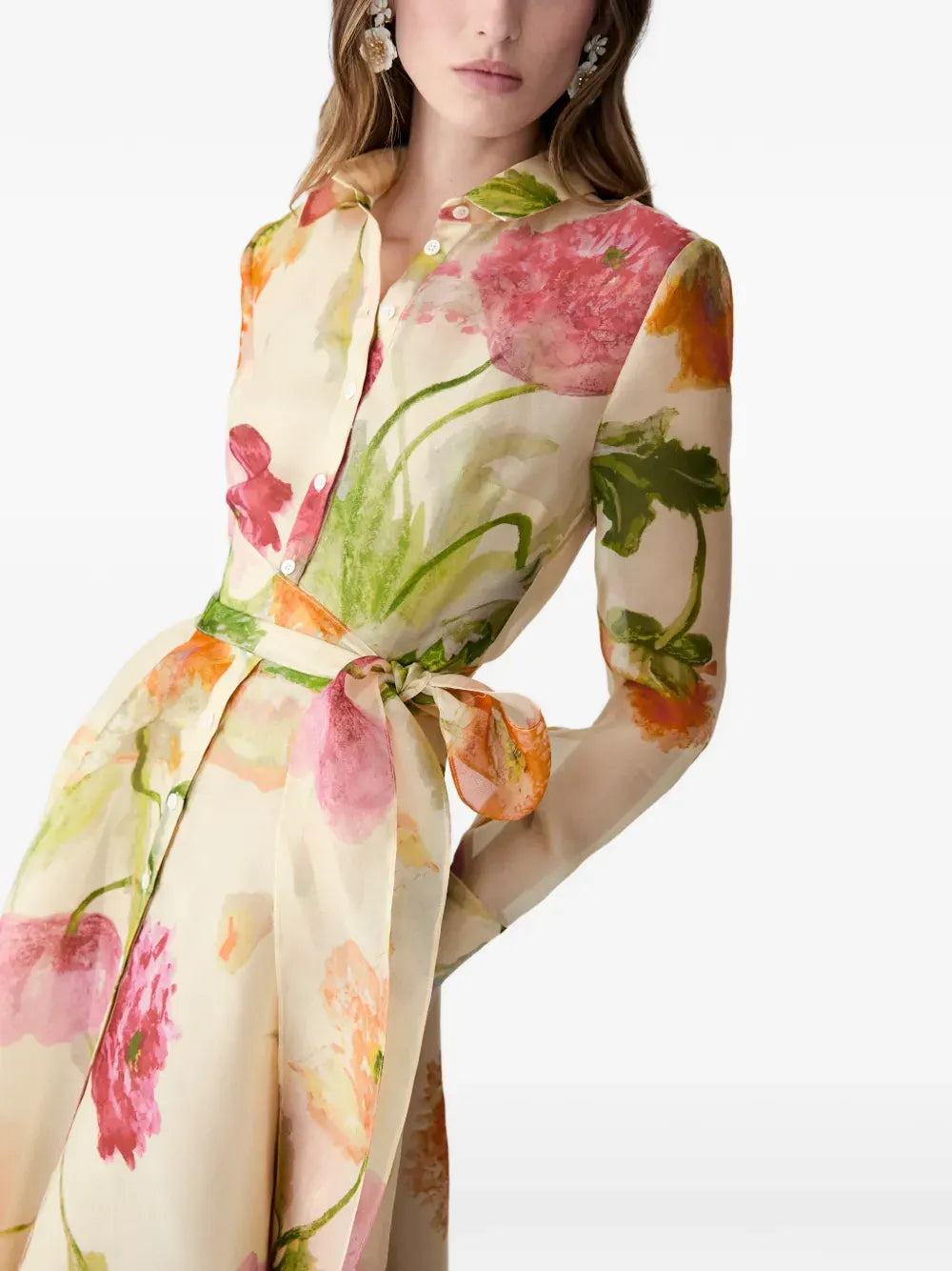 Poppy-print organza trench dress