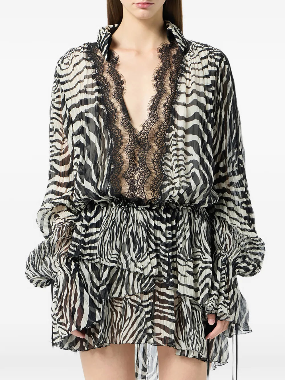 lace-trim zebra-print mini dress
