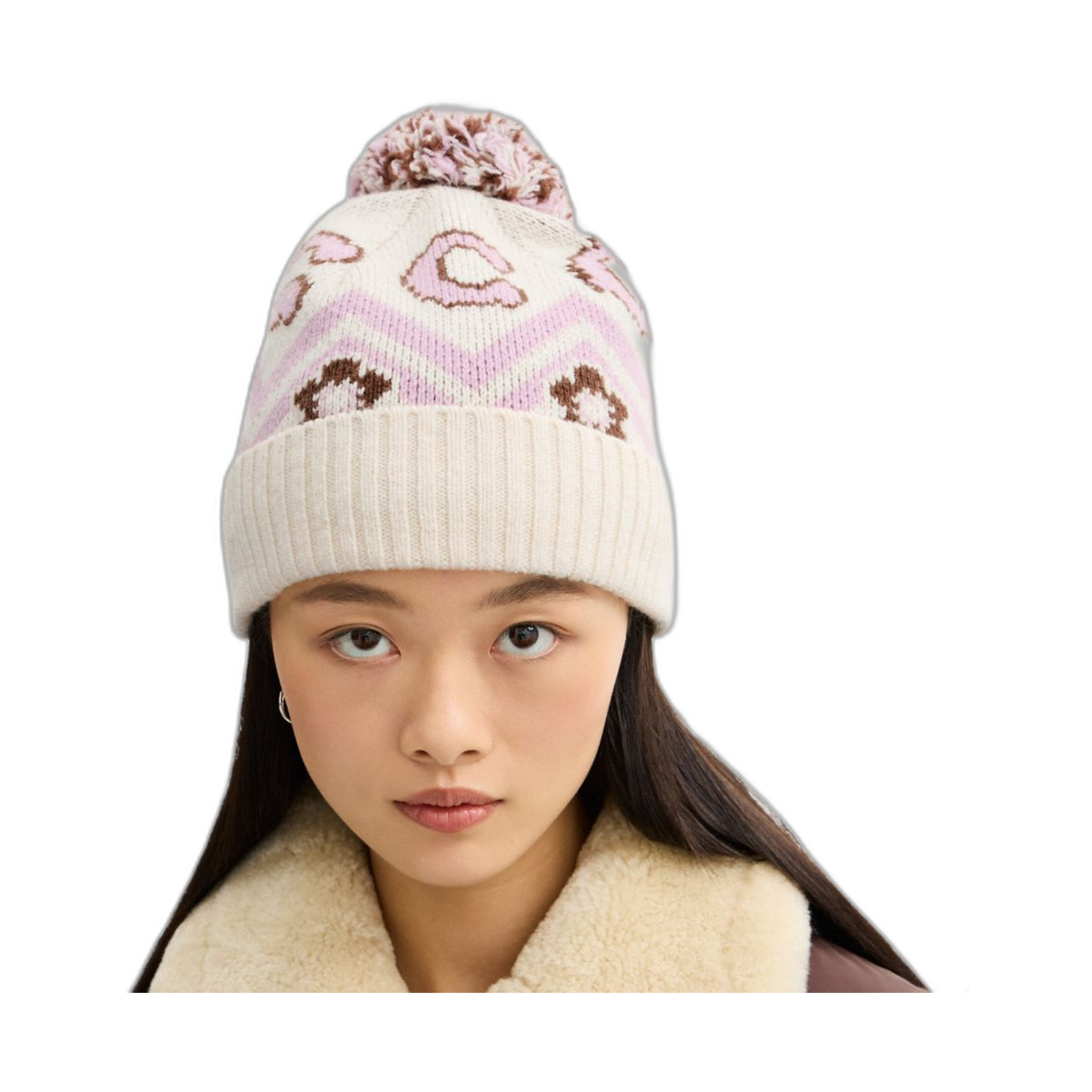 Coach Fair Isle Print Knit Beanie Chalk Multi