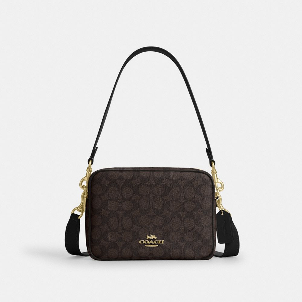 Coach Carey Crossbody Bag In Signature Canvas Gold Walnut Black