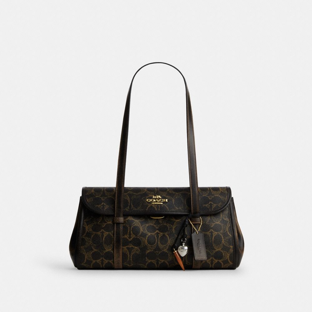 Coach Bridget Flap Shoulder Bag In Loved Signature Canvas With Charms Gold Brown