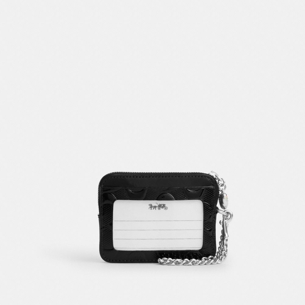 Coach Zip Card Case In Signature Leather With Heart Charm Silver Black