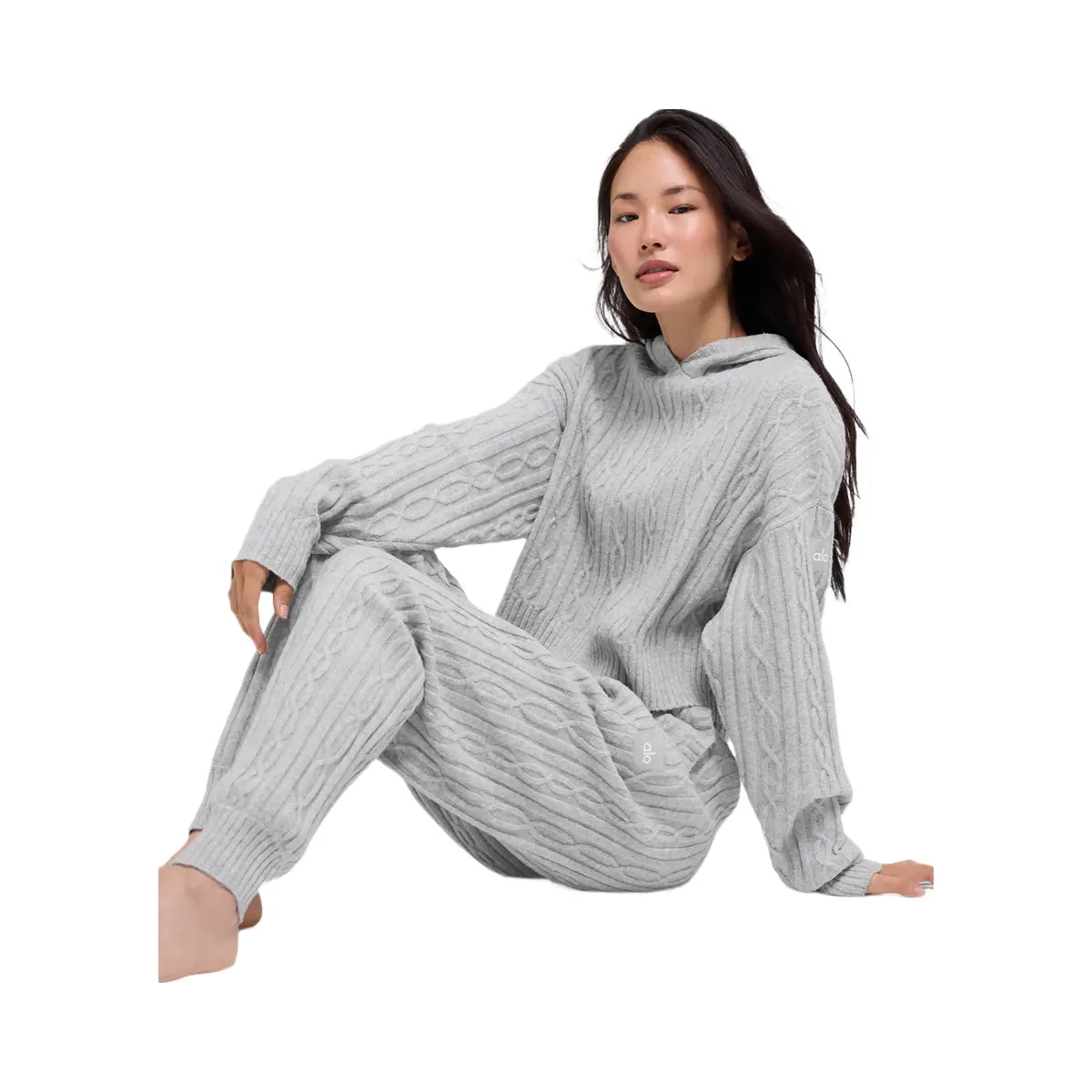 Alo Women's Cable Knit Winter Bliss Hoodie - Athletic Heather Grey
