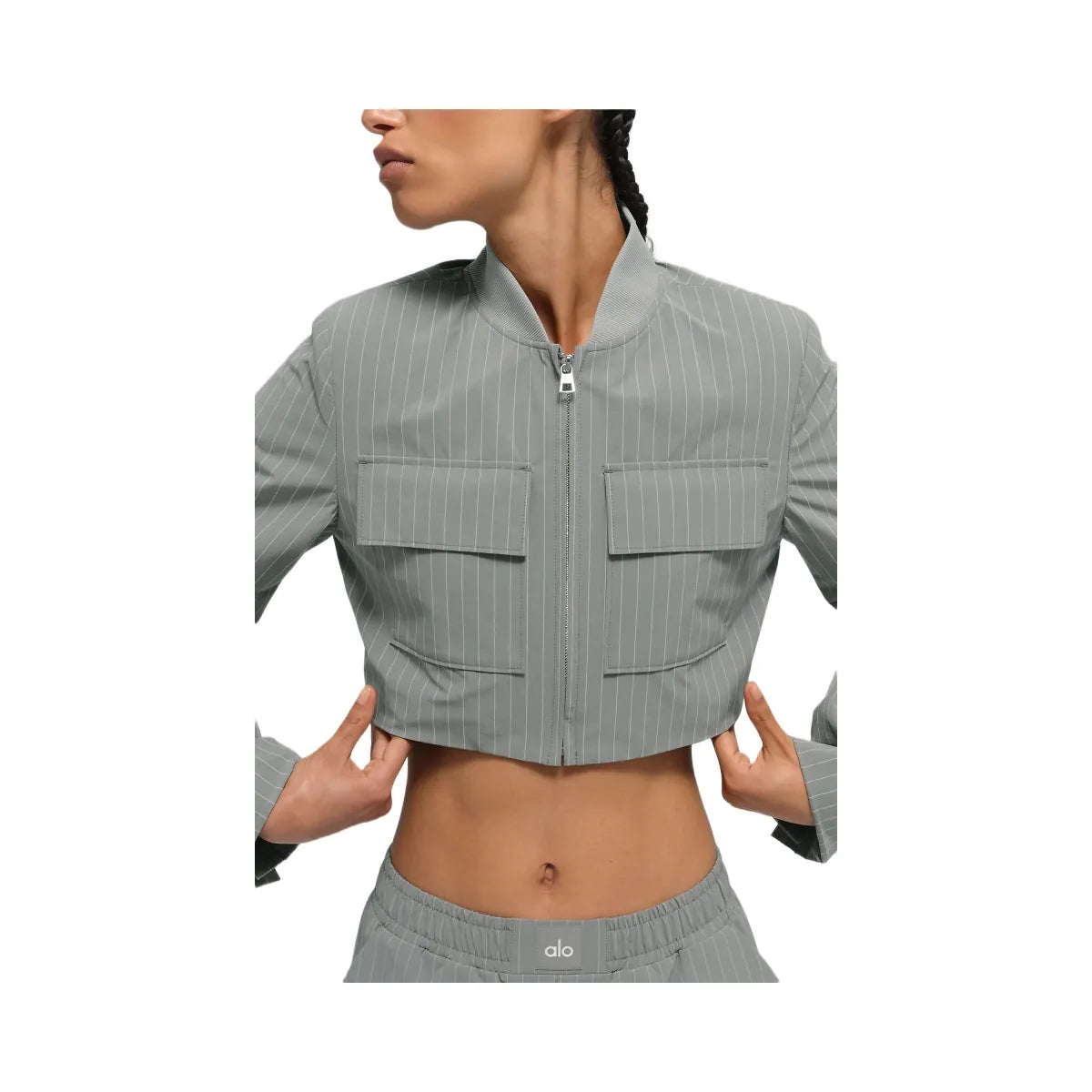Alo Women's Cropped Pinstripe Main Character Full Zip Jacket - Lunar Grey/White